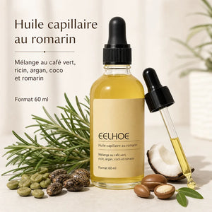 Huile capillaire au romarin EELHOE avec pipette, visuel en français